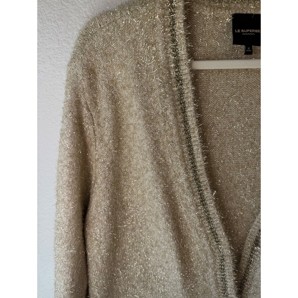 Le Superbe Gold Metallic Cashmere Blend V-Neck Cardigan Sweater Medium Luxury - Picture 9 of 10